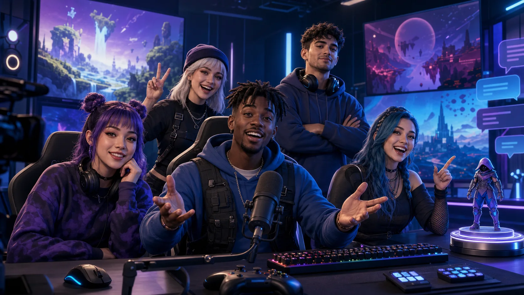 A group of gaming creators producing a livestream in a modern studio